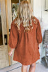 Bracelet Sleeve Split Neck Scallop Detail Pleated Corduroy Mini Dress